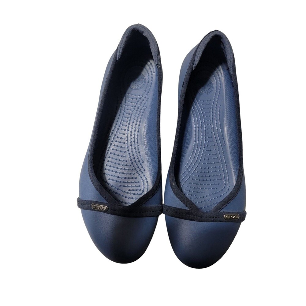 Crocs Womens Sz 10 Blue Ballet Flats~ Silver Stripe Shoes 202308